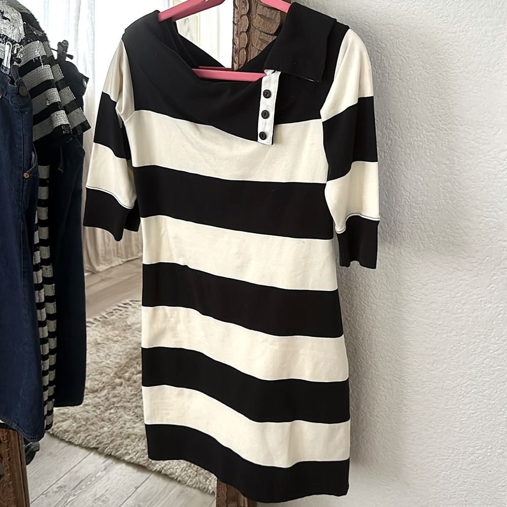 Striped, fitter, off the off the shoulder dress.